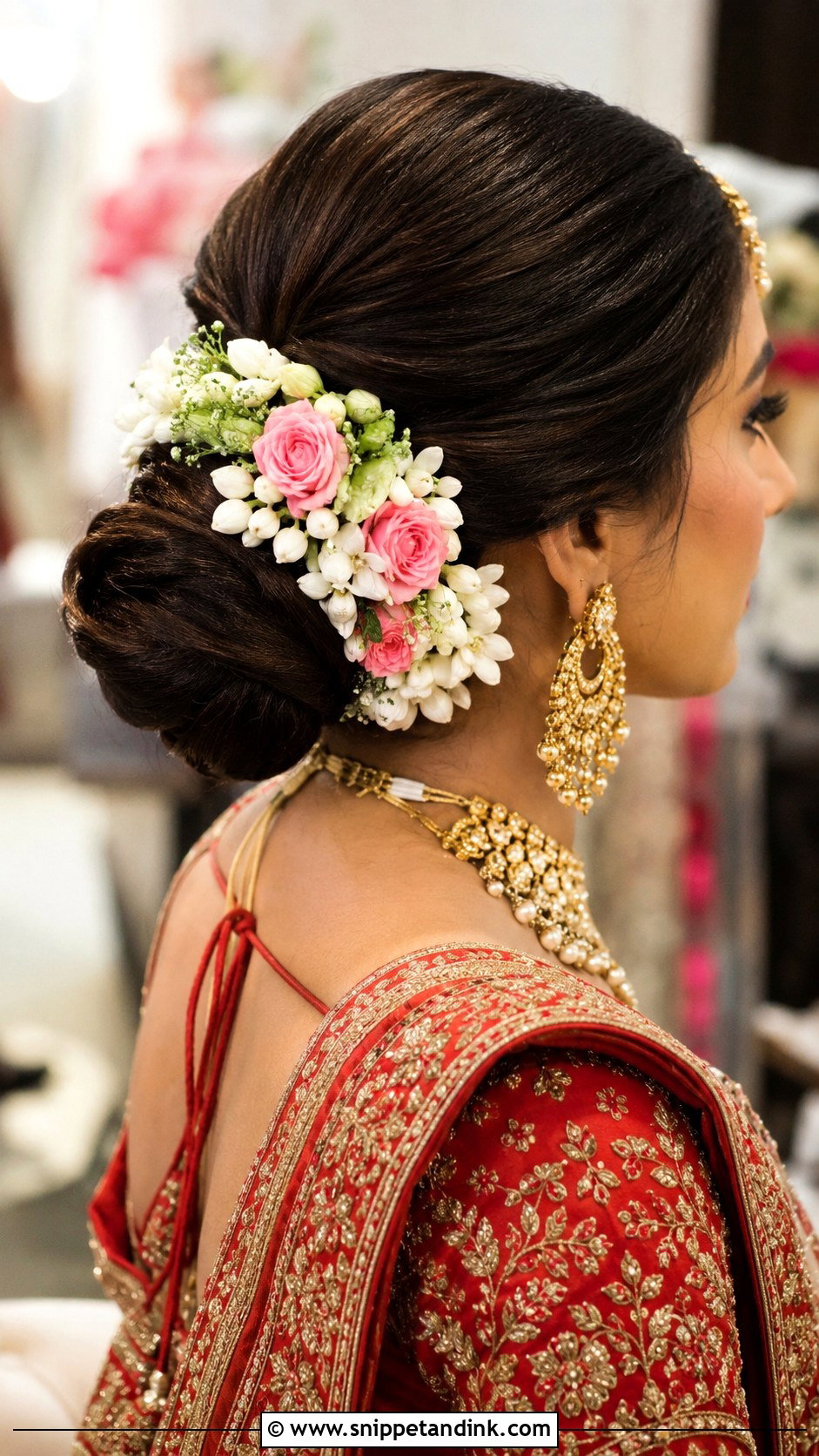 Floral Low Bun for Indian Bride - Snippet and Ink - 30 Indian Bridal Dulhan Hairstyles