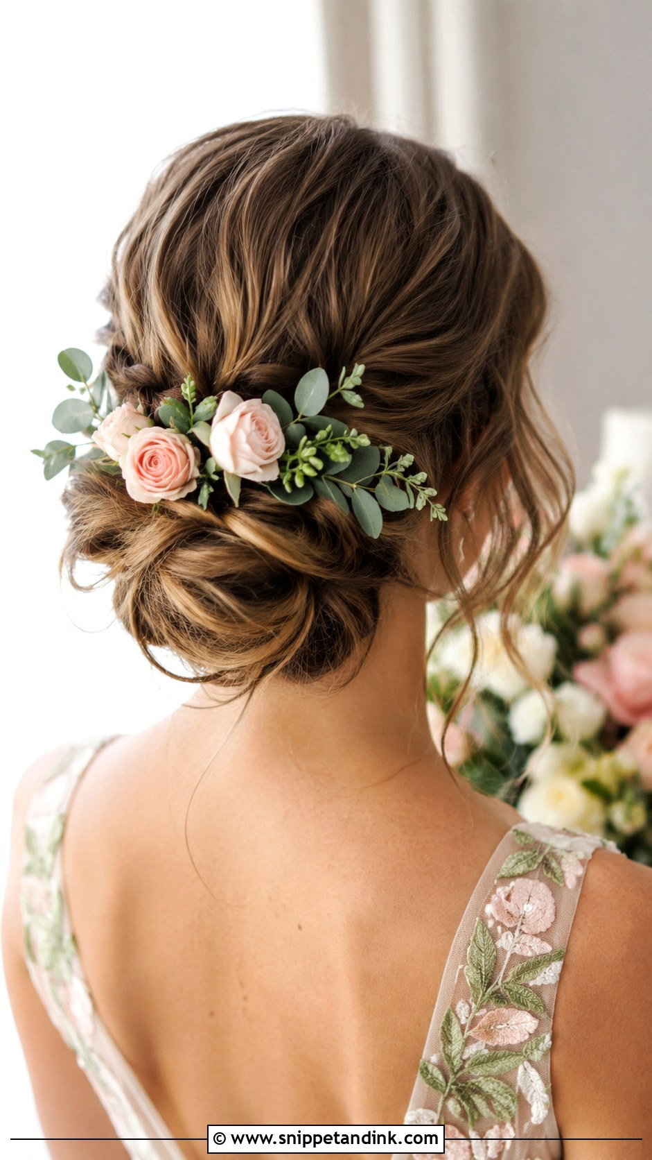 Floral Low Chignon Wedding Hair - Snippet and Ink - 20 Low Up Do Wedding Hair Ideas