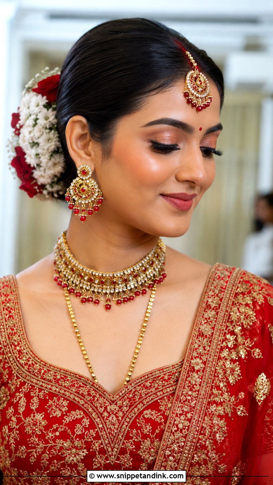 Floral Maang Tikka Bun - Snippet and Ink - 35 Mehndi Hairstyles