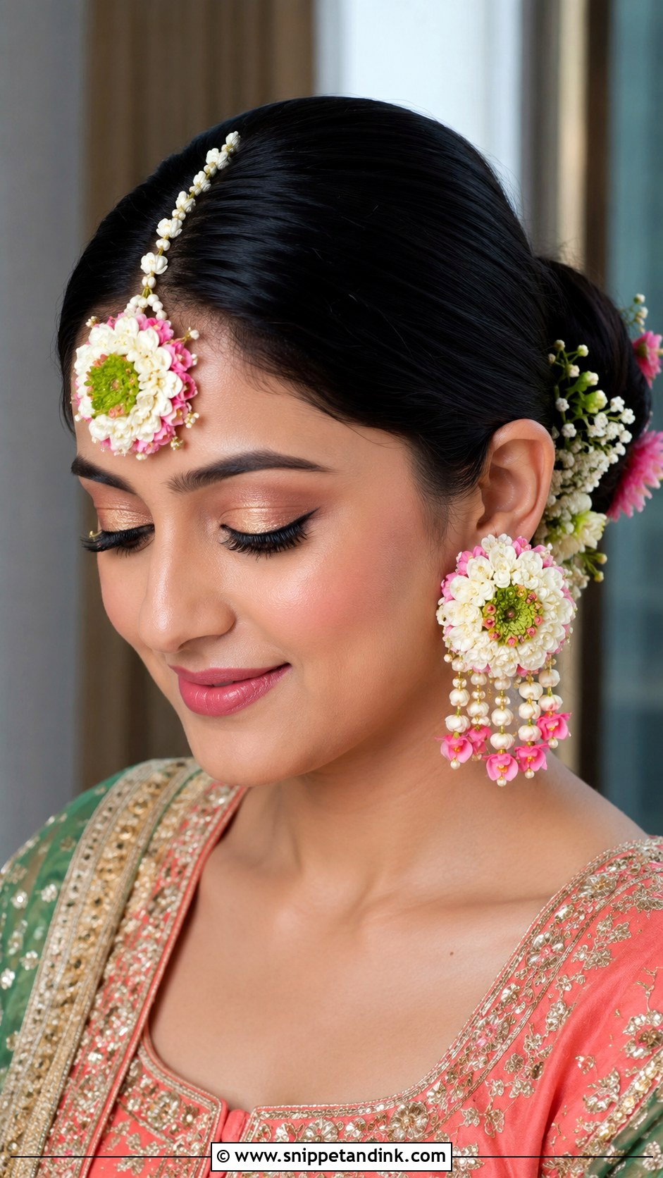 Floral Maang Tikka With Bun for Bride - Snippet and Ink - 25 Mehandi Hairstyles for Bride