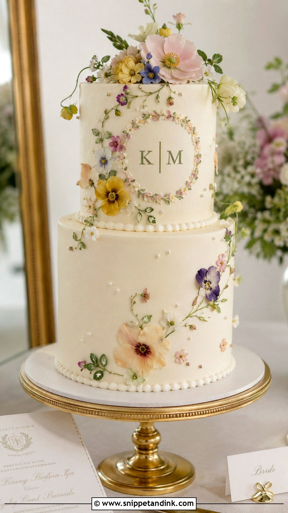 Floral Monogram Wedding Cake - Snippet and Ink - 30 Spring Flowers Wedding Cake Ideas