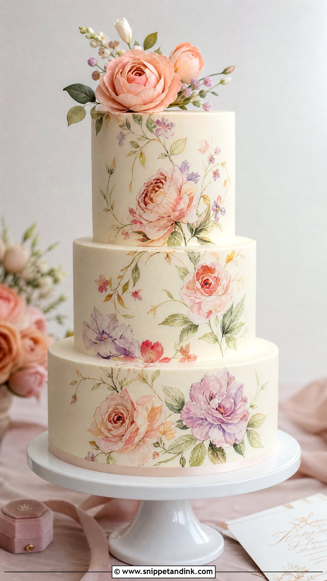 Floral Painted Wedding Cake - Snippet and Ink - 20 Wedding Cake Flowers Ideas