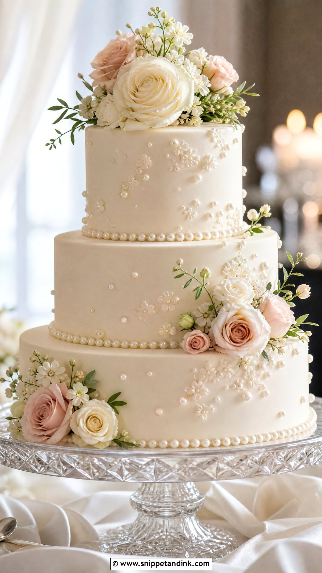 Floral Pearl Wedding Cake - Snippet and Ink - 25 Flowers on Cake Ideas for Wedding