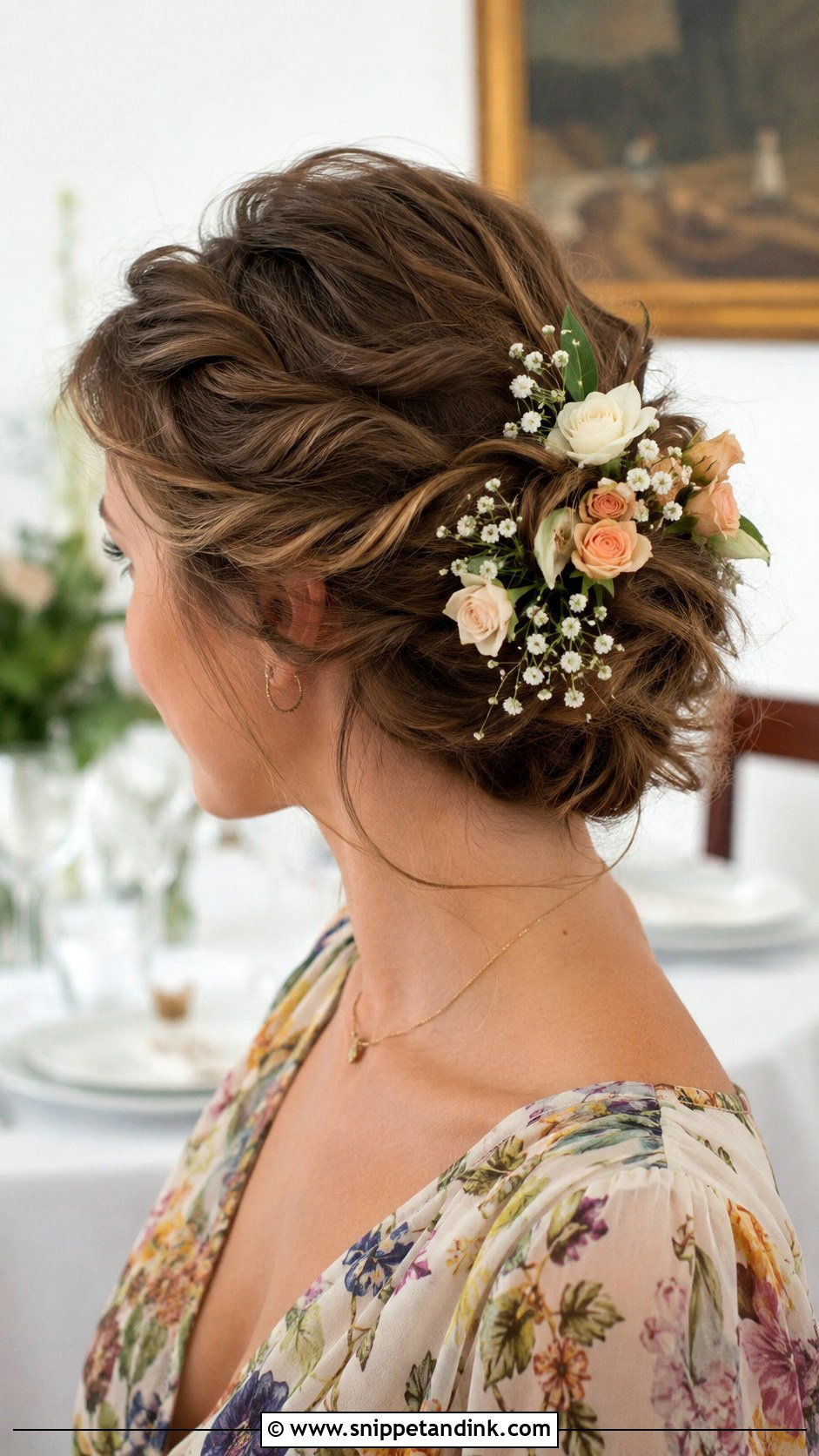 Floral Pinned Updo - Snippet and Ink - 25 Short Hair Wedding Guest Ideas