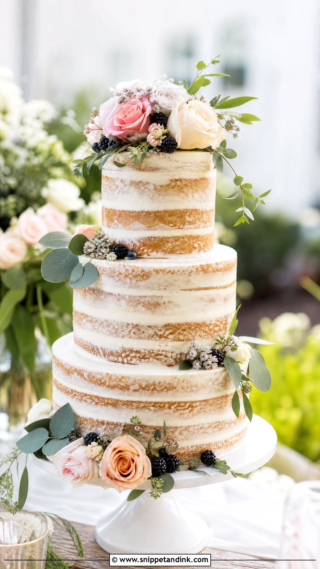 Floral Semi Naked Wedding Cake - Snippet and Ink - 20 Wedding Cake Flowers Ideas