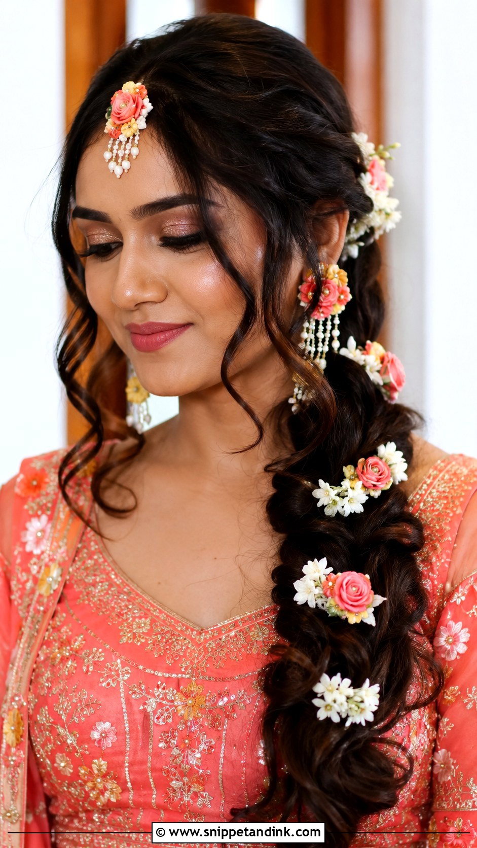 Floral Side Braid With Curls - Snippet and Ink - 25 Indian Wedding Hairstyle for Chubby Face Ideas