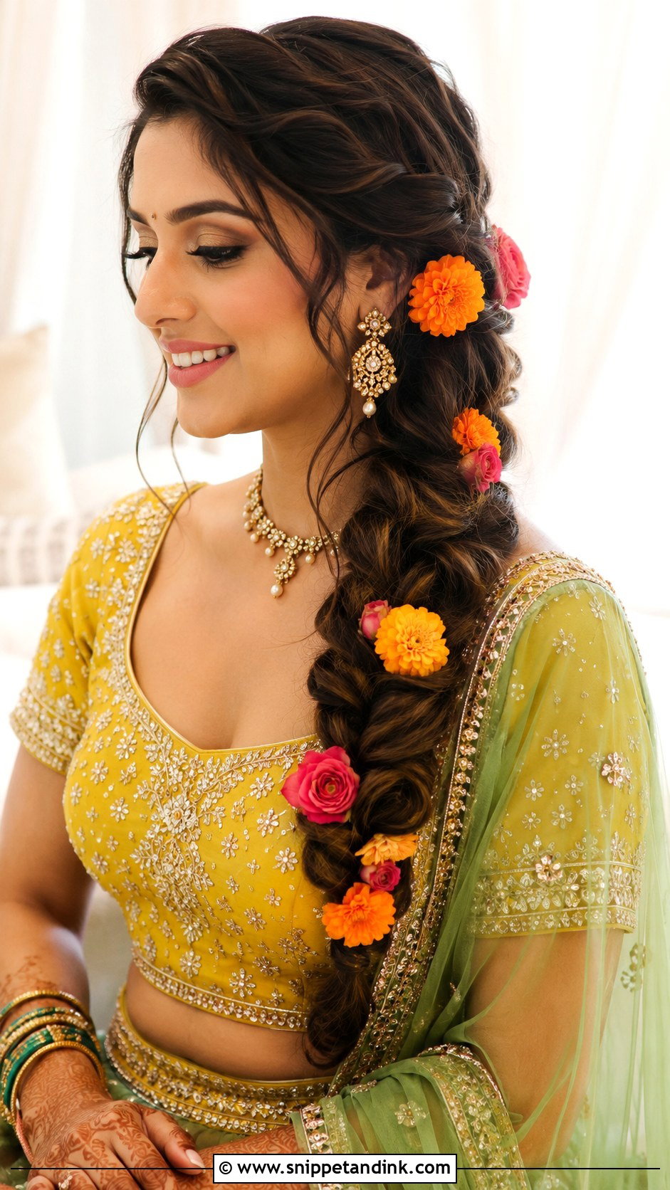 Floral Side Braid for Bride - Snippet and Ink - 25 Mehandi Hairstyles for Bride