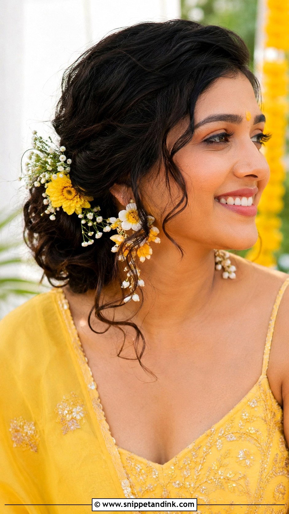 Floral Side Bun With Curls - Snippet and Ink - 25 Haldi Bride Hairstyle Ideas