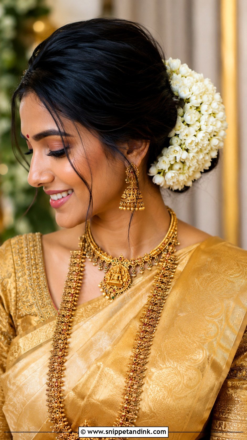 Floral Side Bun With Gajra - Snippet and Ink - 20 Indian Wedding Hair Styles