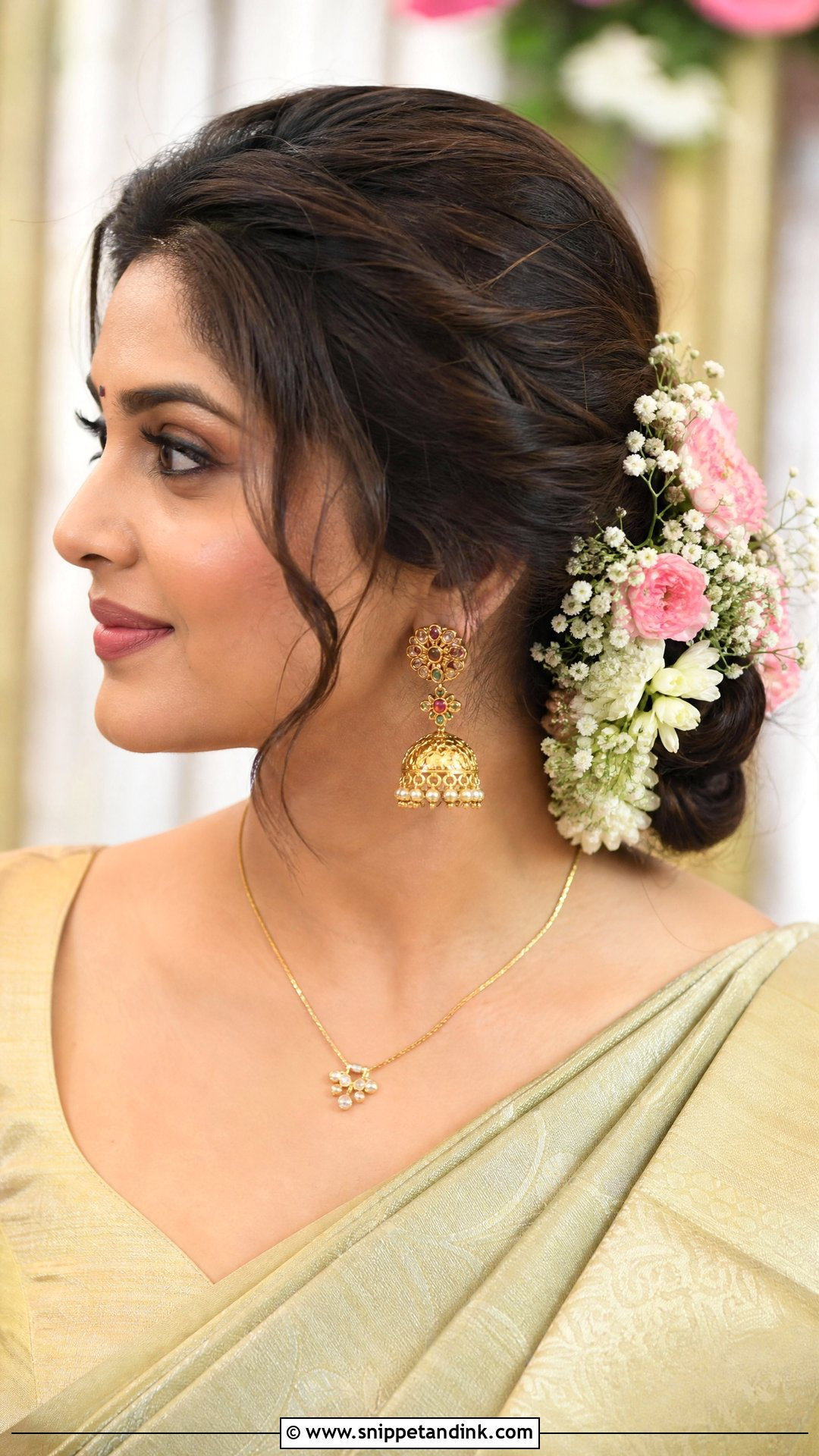Floral Side Bun - Snippet and Ink - 20 Easy Indian Hairstyles for Wedding Guest