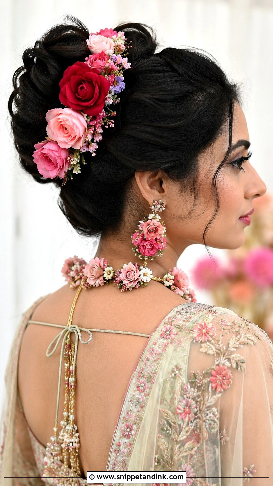 Floral Updo With Fresh Roses - Snippet and Ink - 20 Indian Wedding Hairstyles for Round Face