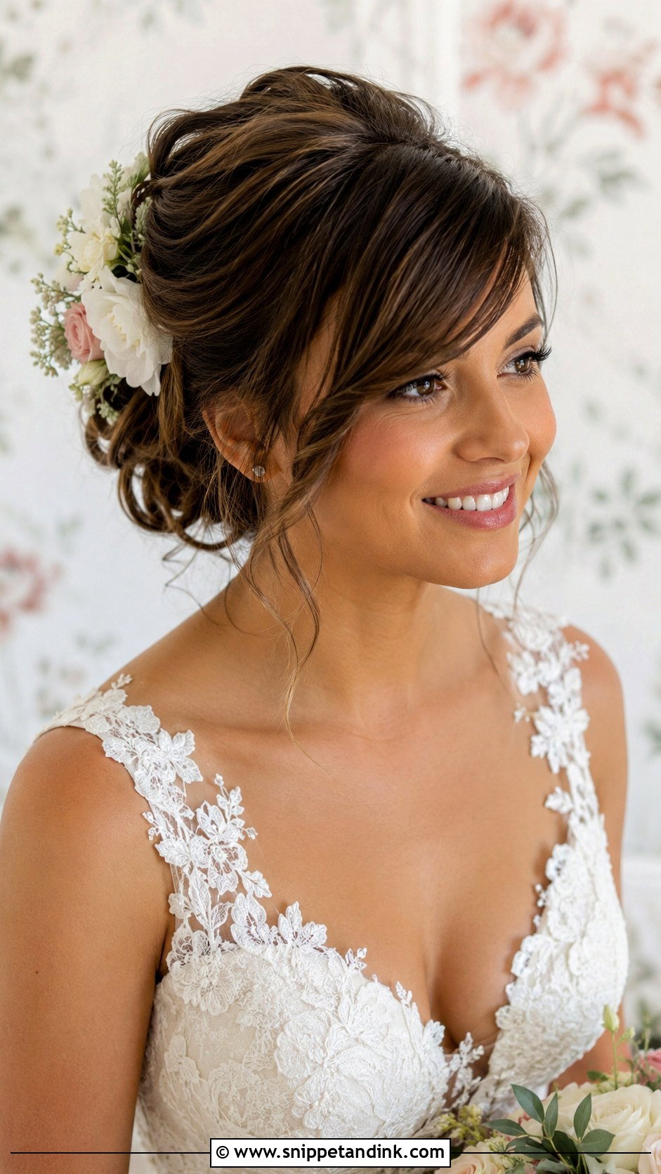 Floral Updo With Side Swept Fringe - Snippet and Ink - 20 Bridal Hairstyle for Big Forehead Ideas