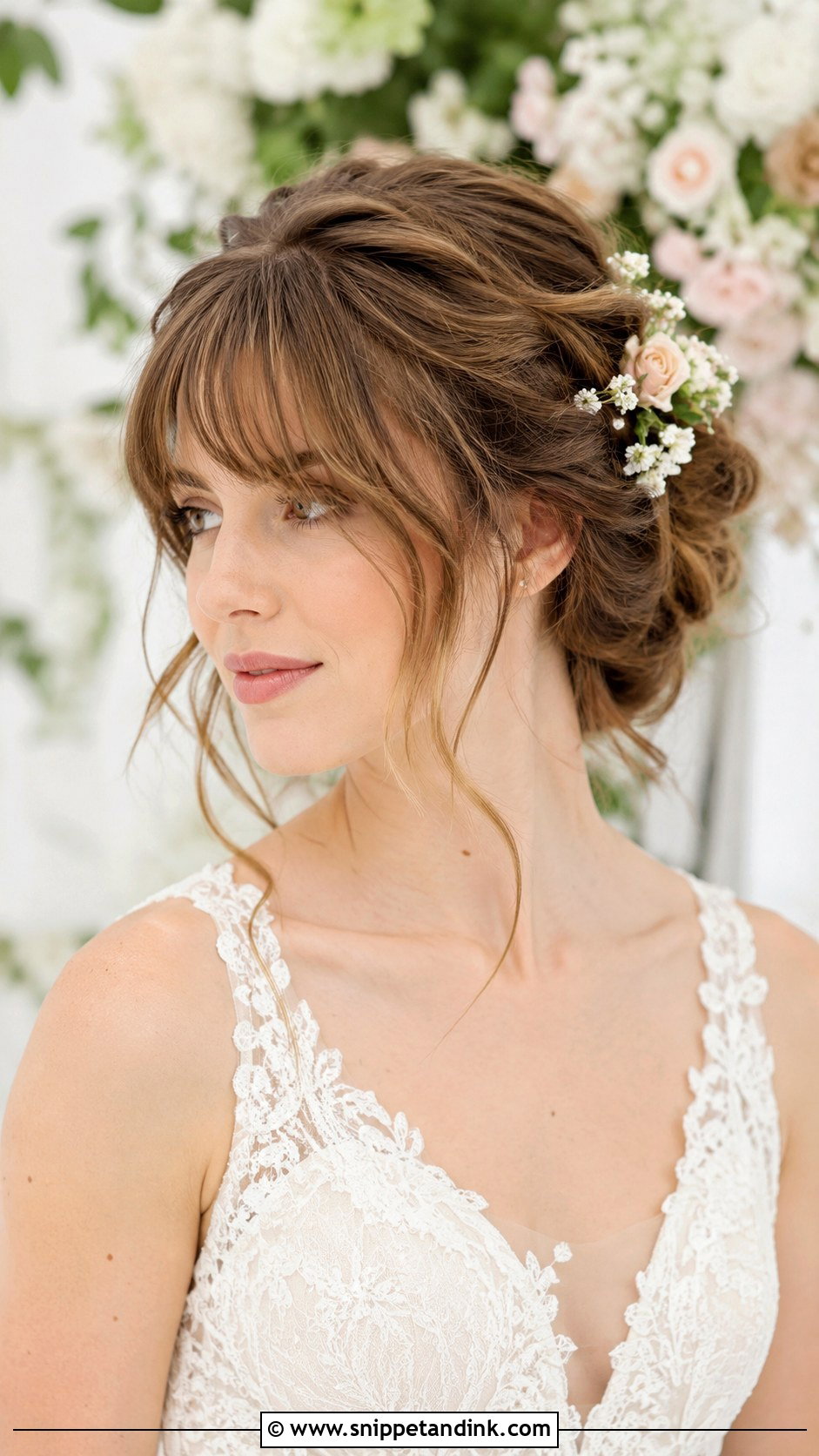 Floral Updo With Wispy Bangs - Snippet and Ink - 25 Wedding Hairstyles with Bangs