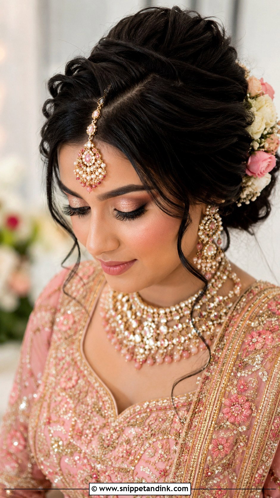 Floral Updo with Maang Tikka - Snippet and Ink - 30 Mehndi Hairstyles for Bride