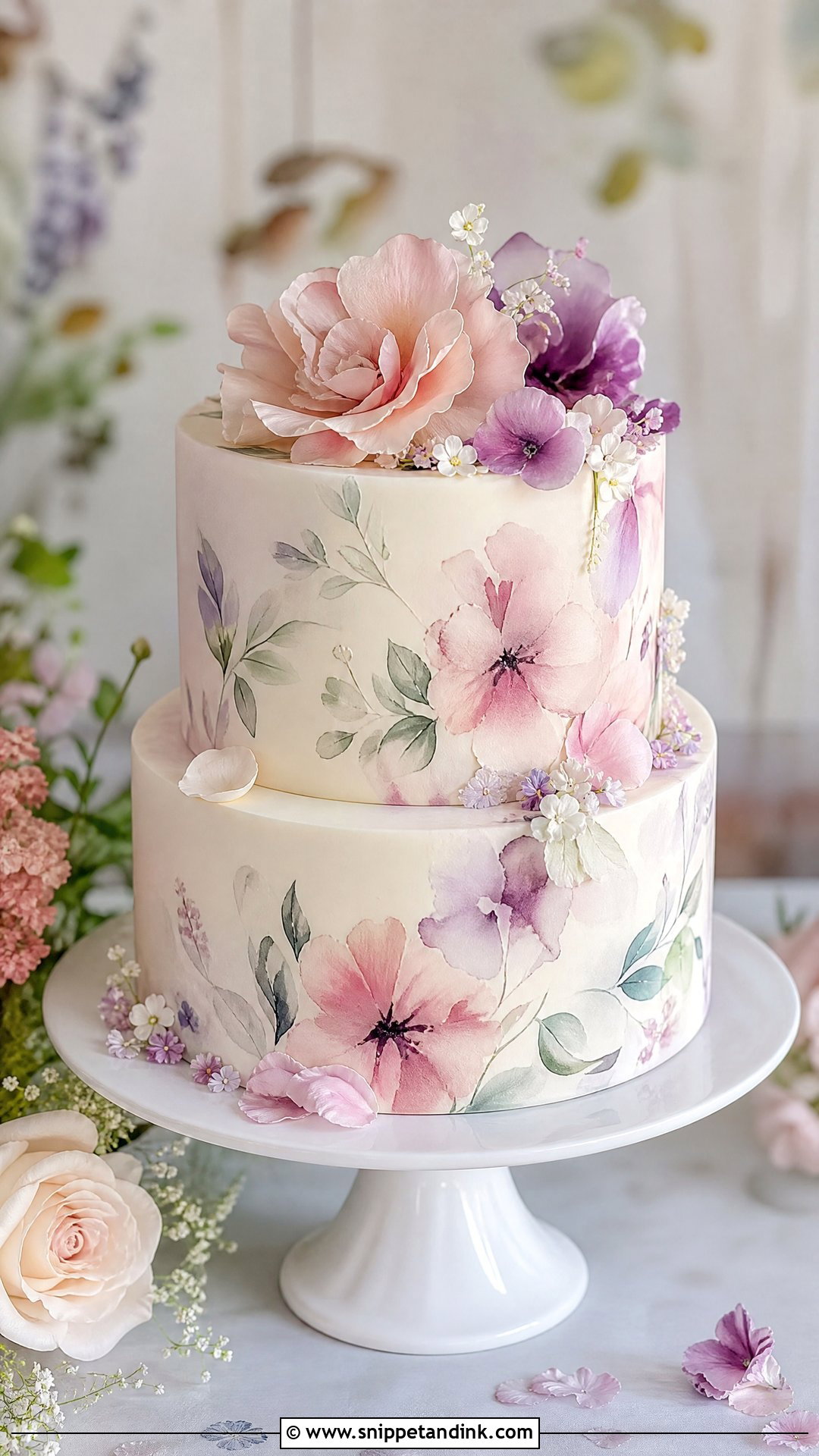 Floral Watercolor Wedding Cake - Snippet and Ink - 25 Flowers on Cake Ideas for Wedding