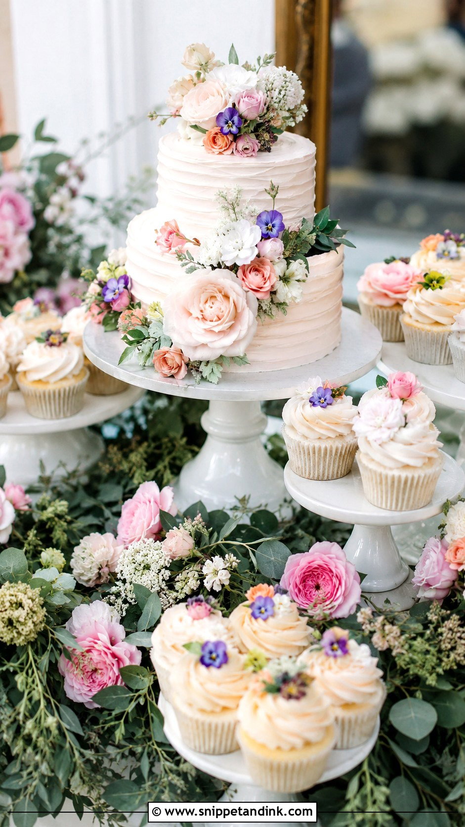 Floral Wedding Cake Table With Cupcakes - Snippet and Ink - 20 Wedding Cake Table Ideas with Cupcakes