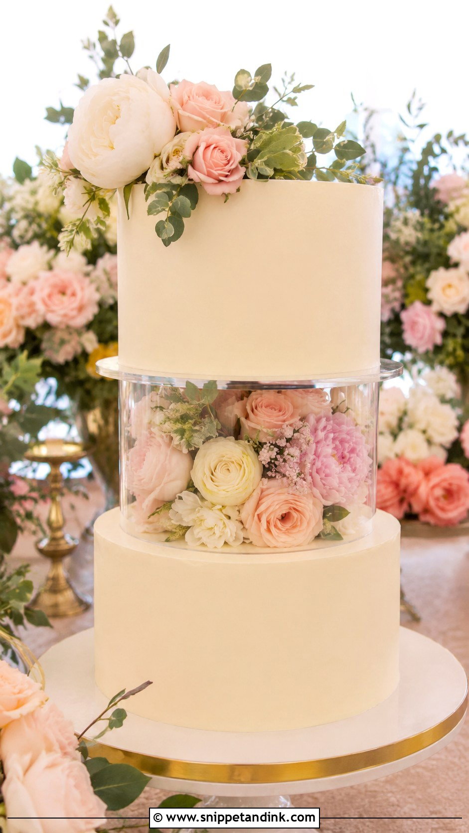 Floral Wedding Cake With Acrylic Separator - Snippet and Ink - 20 Wedding Cake Acrylic Separator Ideas