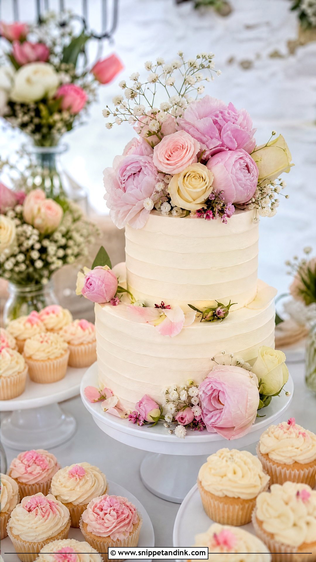 Floral Wedding Cake With Cupcakes - Snippet and Ink - 20 Wedding Cakes with Cupcakes
