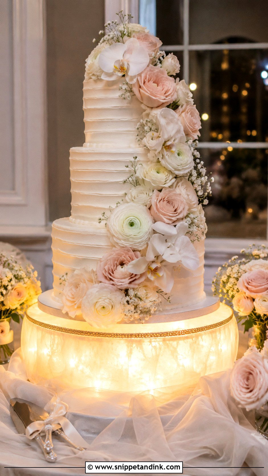 Floral Wedding Cake With Fairy Lights - Snippet and Ink - 20 Wedding Cake Ideas with Fairy Lights