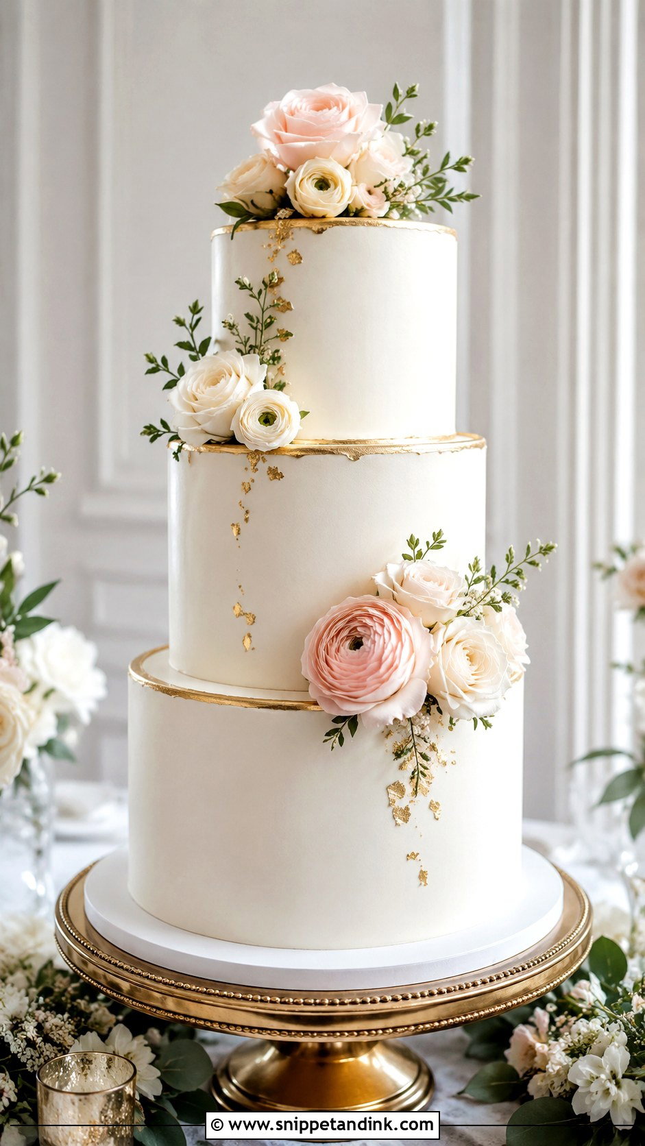 Floral Wedding Cake With Gold - Snippet and Ink - 20 Simple Floral Wedding Cake Ideas