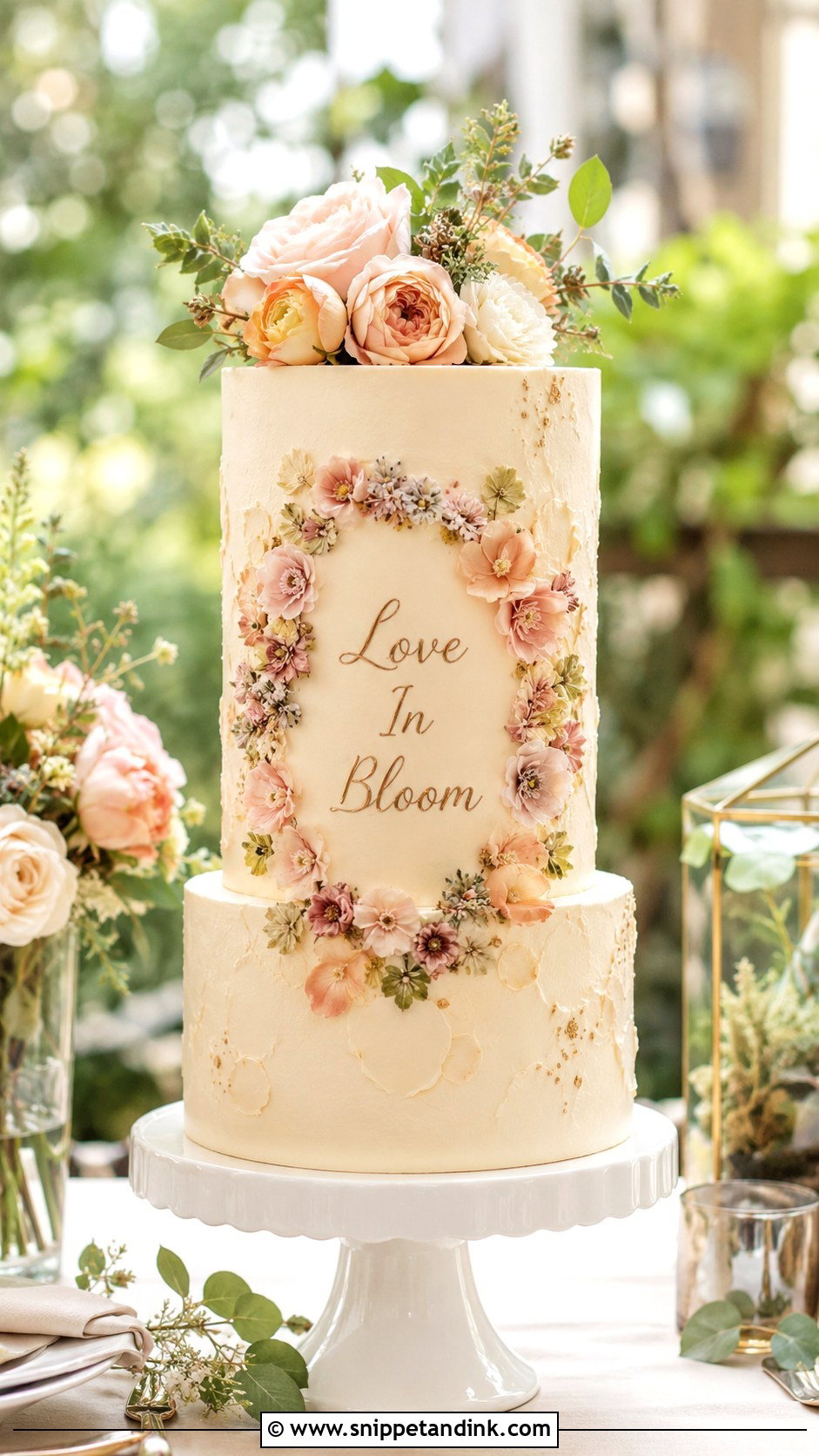 Floral Wedding Cake With Love In Bloom - Snippet and Ink - 25 Wedding Cake Wording Ideas