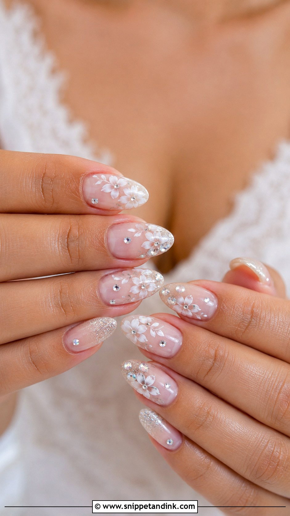 Floral Wedding Nails With Rhinestones - Snippet and Ink - 20 Floral Wedding Nails for Bride