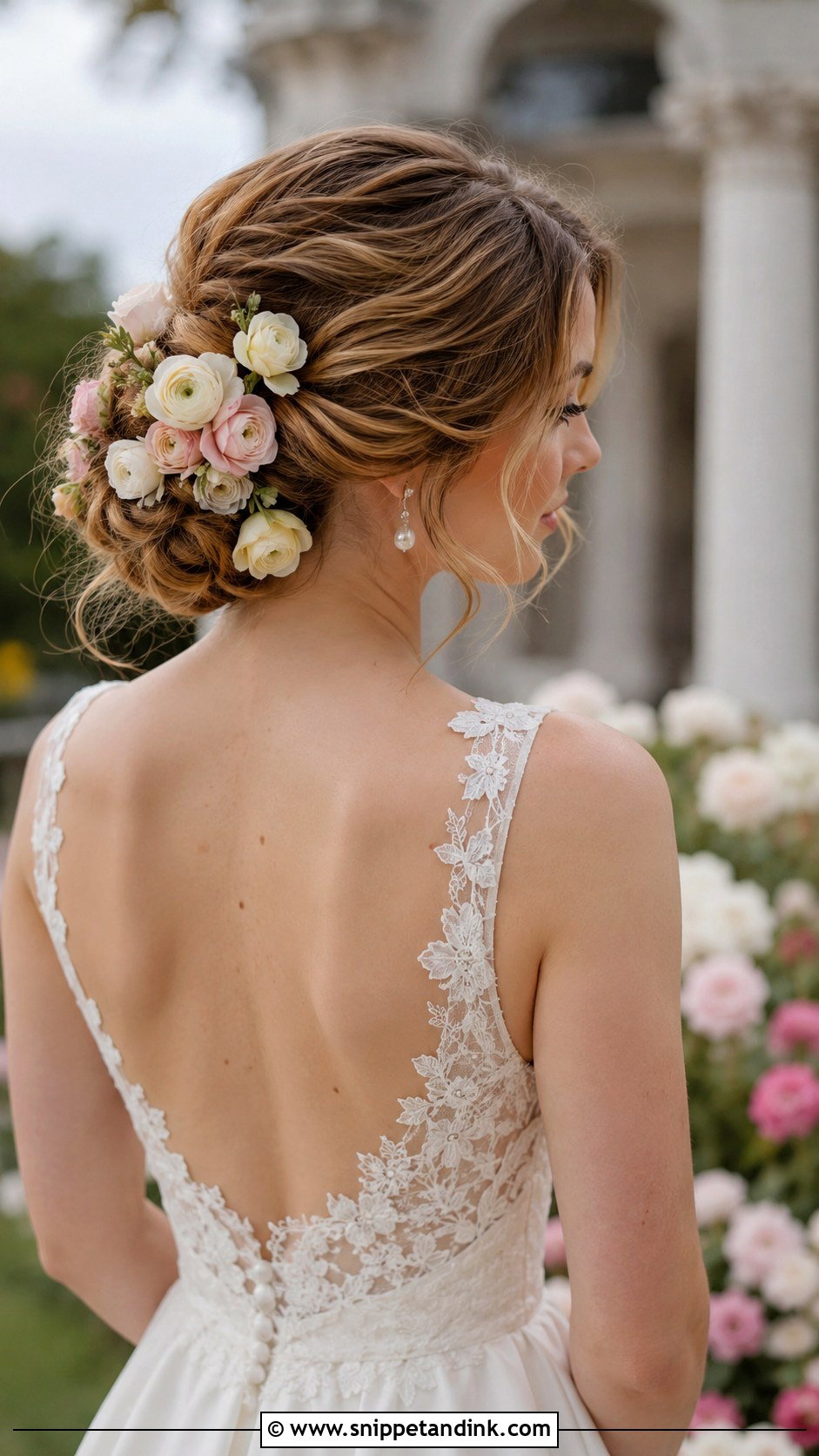 Flower Accented Bun Wedding Style - Snippet and Ink - 20 Spring Wedding Hair Ideas