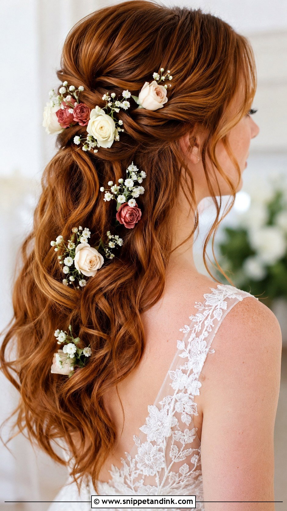 Flower Adorned Bridal Hairstyle for Medium Hair - Snippet and Ink - 25 Mid Length Bridal Hair Ideas