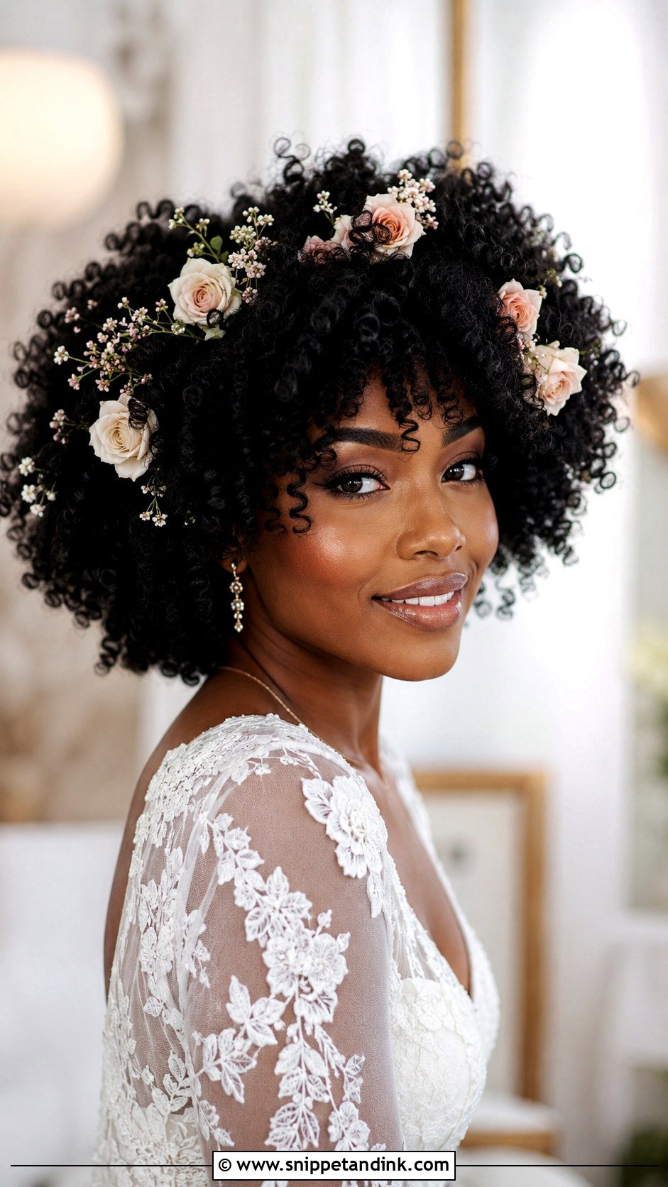 Flower Adorned Curly Afro - Snippet and Ink - 25 Afro Wedding Hairstyles