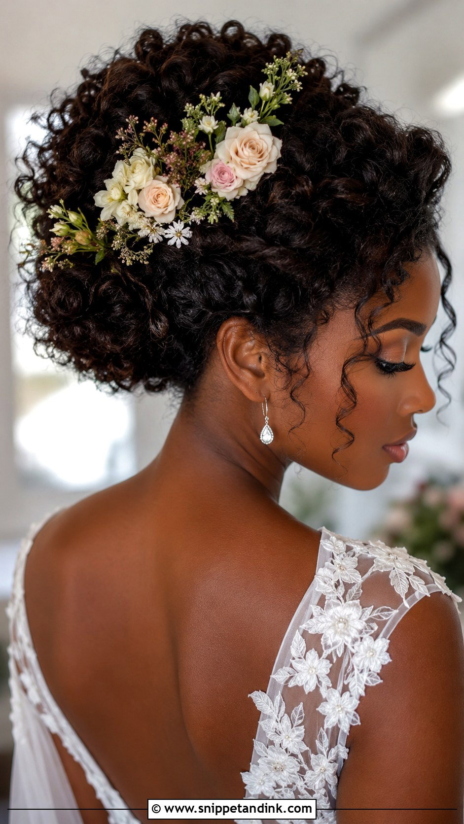 Flower Adorned Curly Updo - Snippet and Ink - 20 Bridal Hair Updo Black Women Ideas