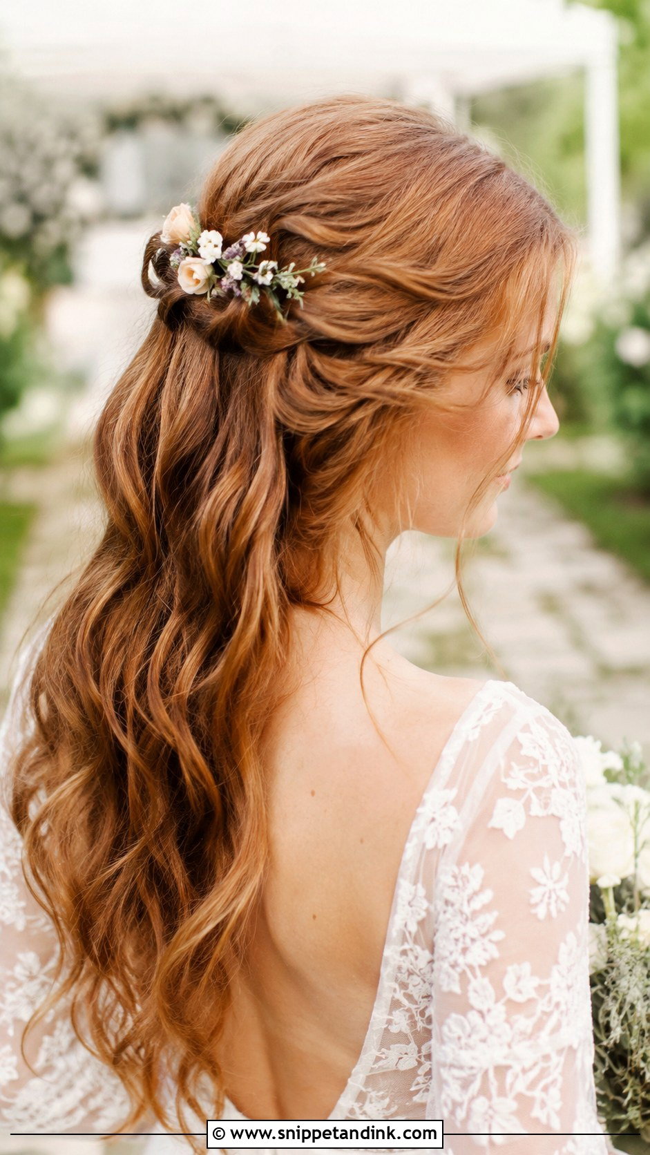 Flower Adorned Half Updo - Snippet and Ink - 20 Long Hair Wedding Hairstyle Ideas