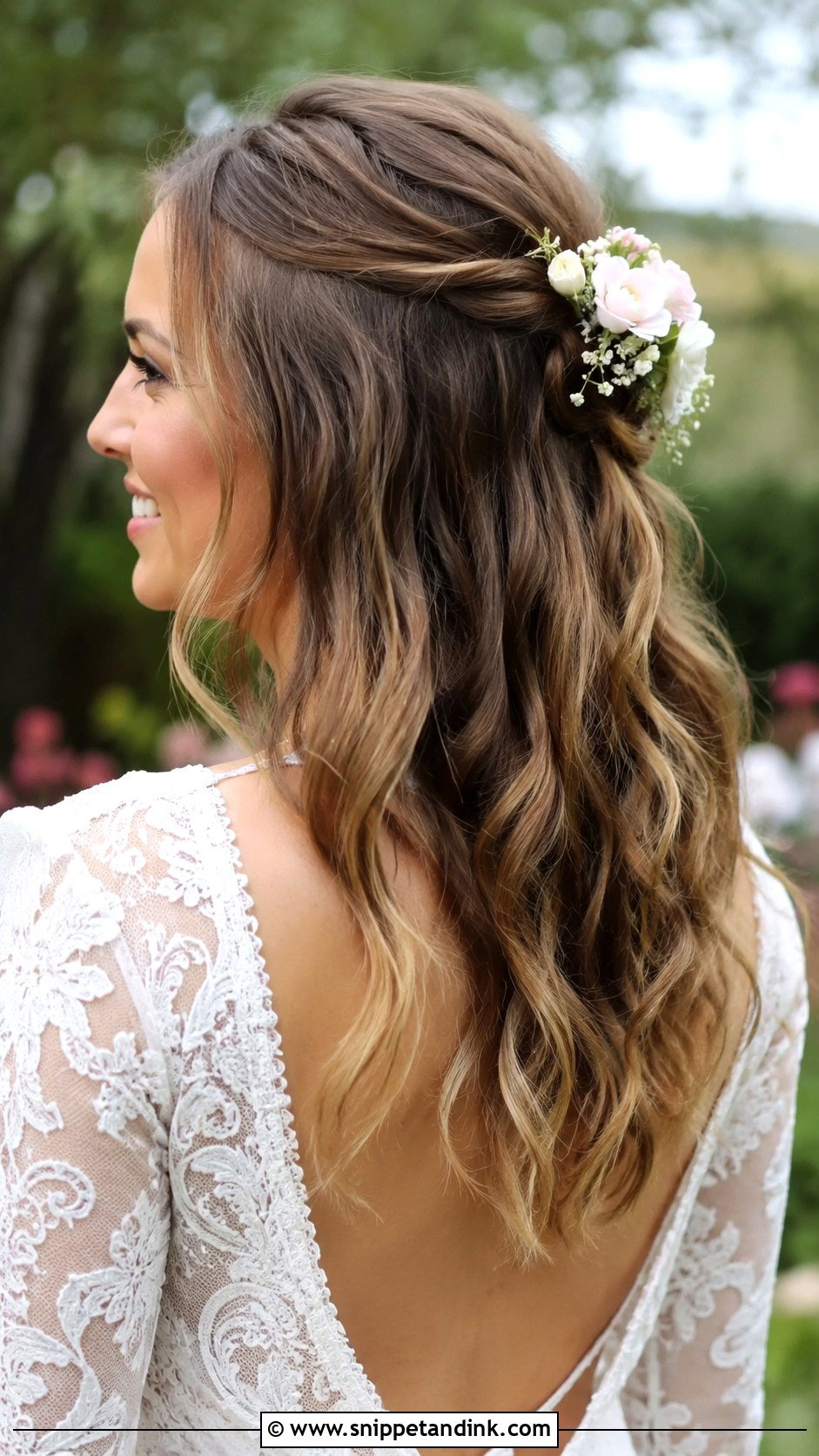 Flower Adorned Half Updo for Medium Hair - Snippet and Ink - 25 Hairstyles for Medium Length Hair Wedding