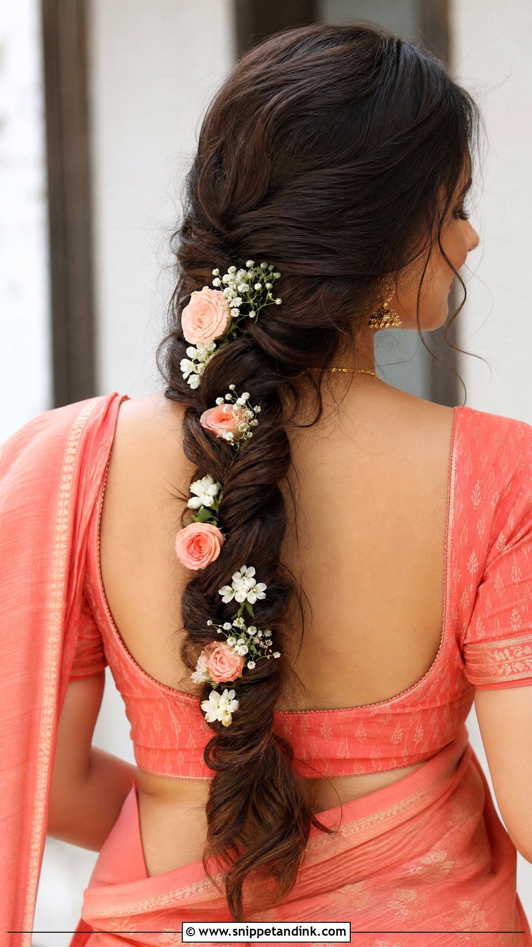Flower Adorned Loose Braid - Snippet and Ink - 20 Easy Self Indian Hairstyles for Wedding
