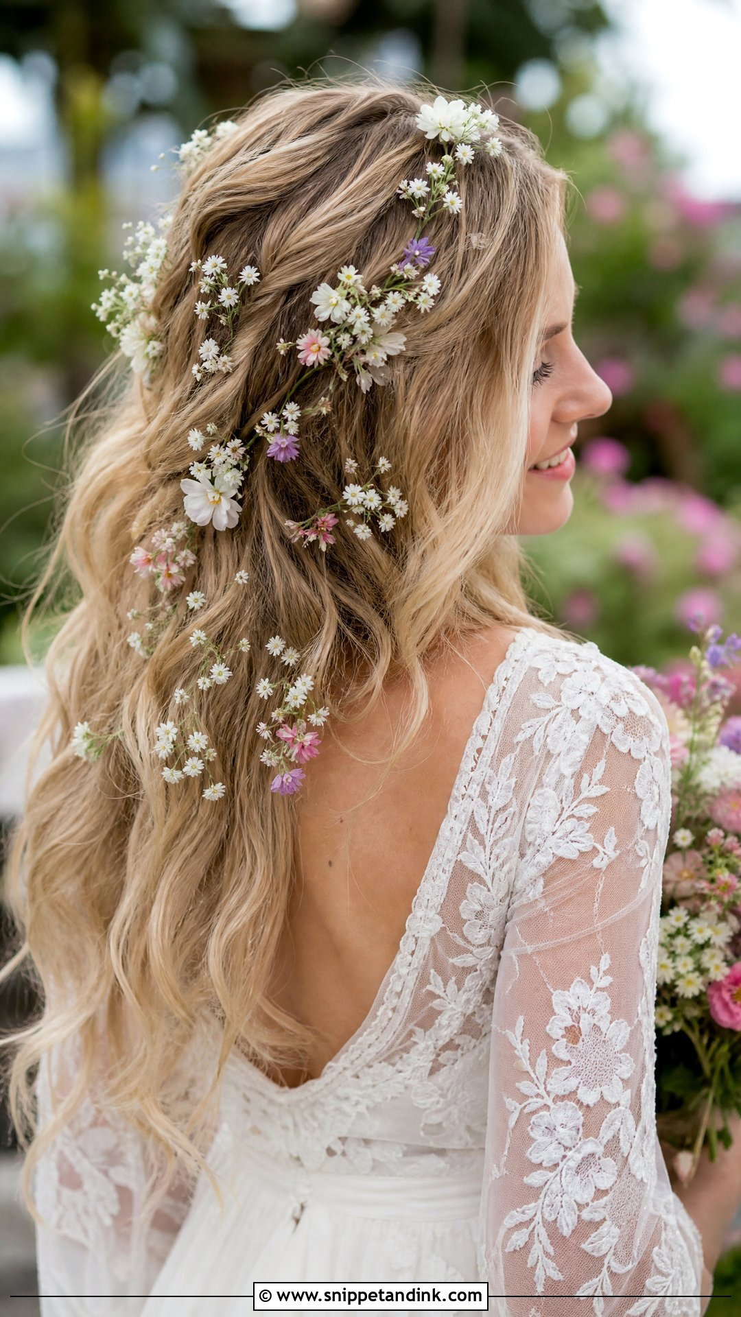 Flower Adorned Loose Waves - Snippet and Ink - 20 Relaxed Wedding Hair Ideas