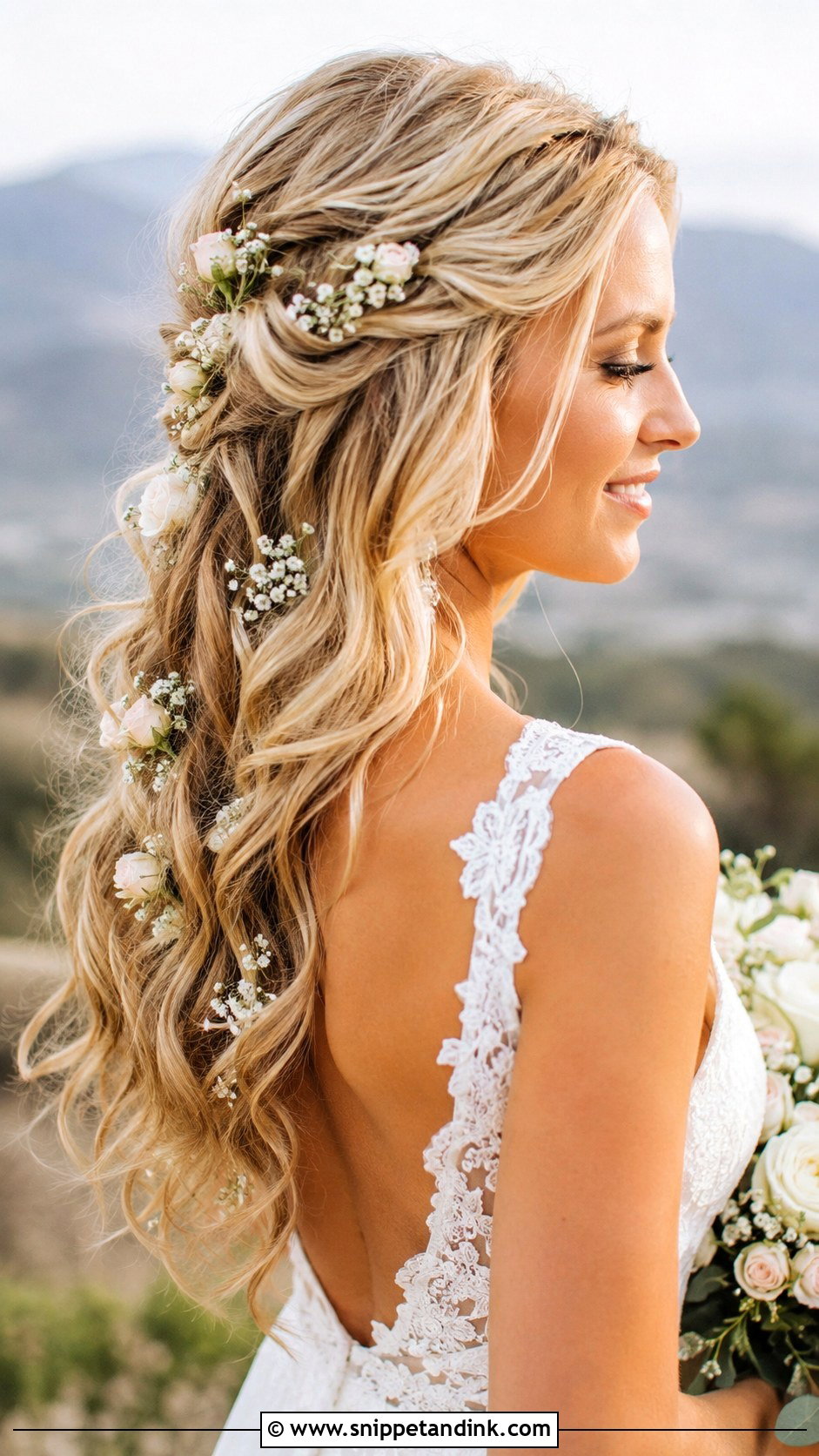 Flower Adorned Loose Waves - Snippet and Ink - 20 Mamma Mia Wedding Hair Ideas