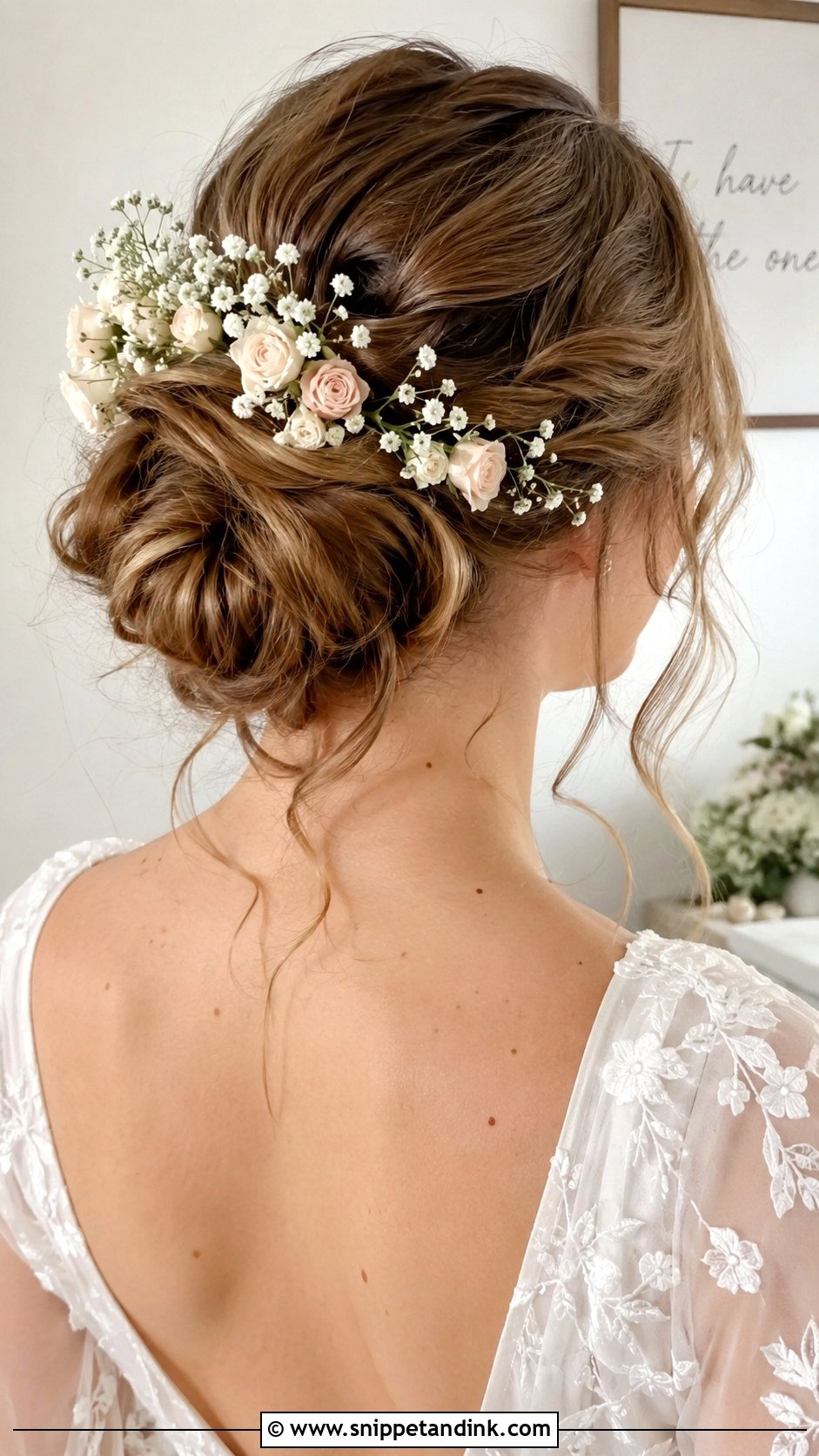 Flower Adorned Low Bun Wedding Hairstyle - Snippet and Ink - 25 Elegant Wedding Hairstyles