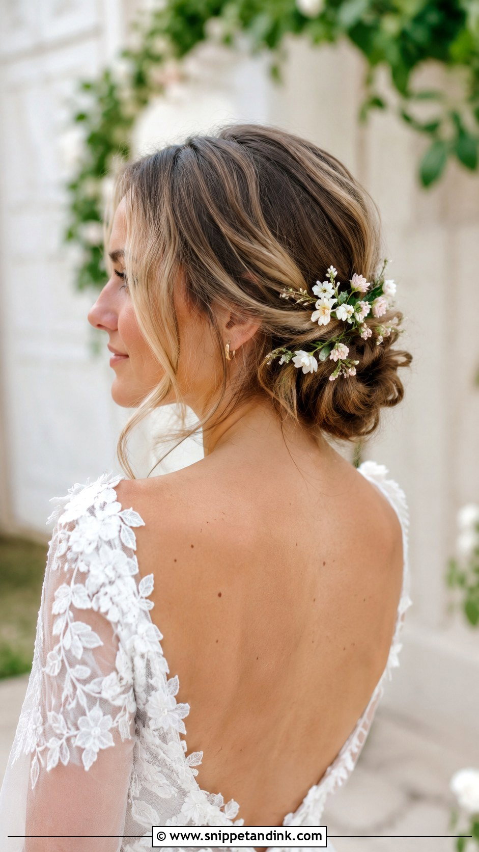Flower Adorned Low Bun - Snippet and Ink - 20 Medium Length Wedding Guest Hair Ideas