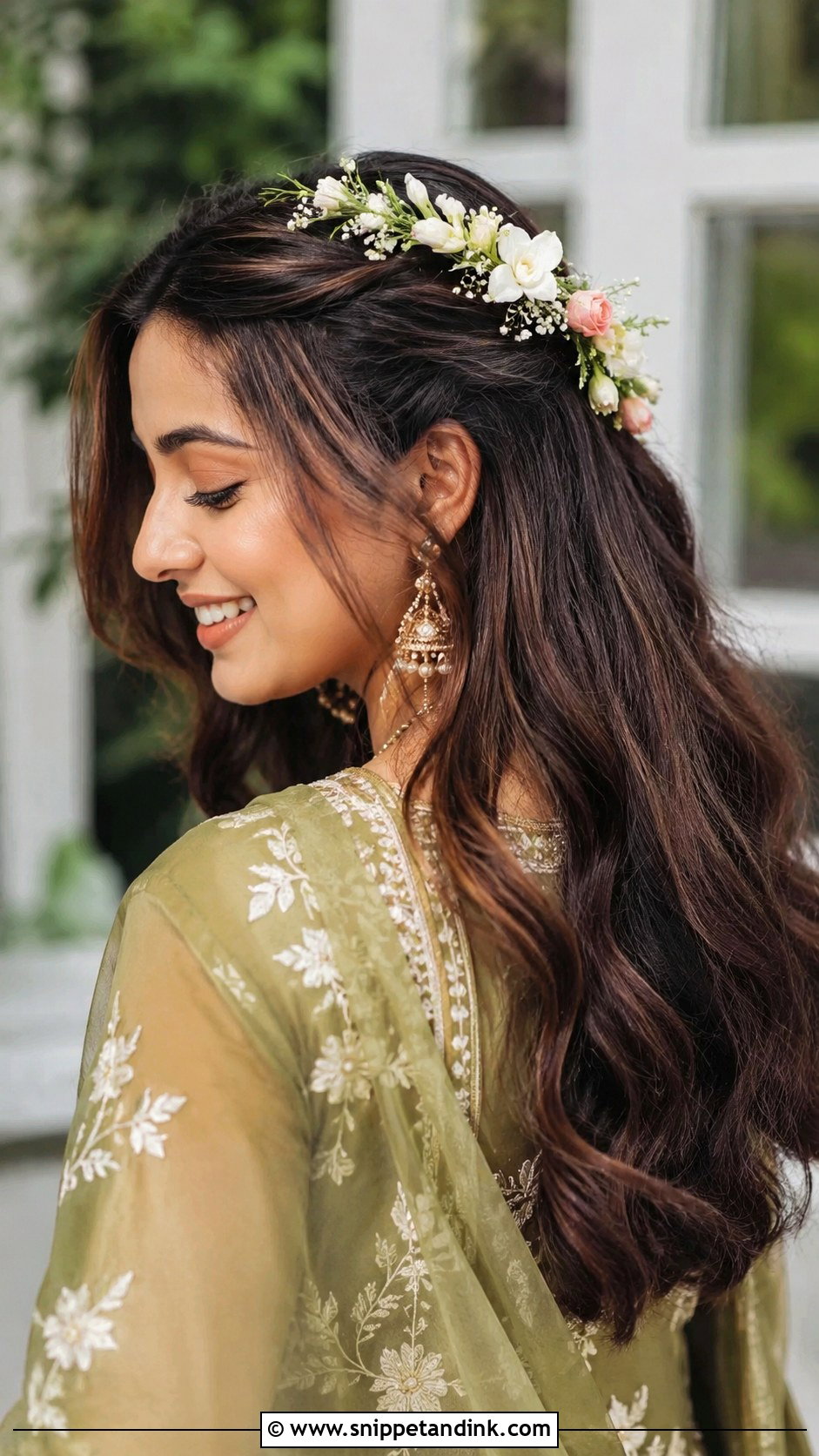 Flower Adorned Open Hair - Snippet and Ink - 20 Simple Hairstyles for Indian Wedding