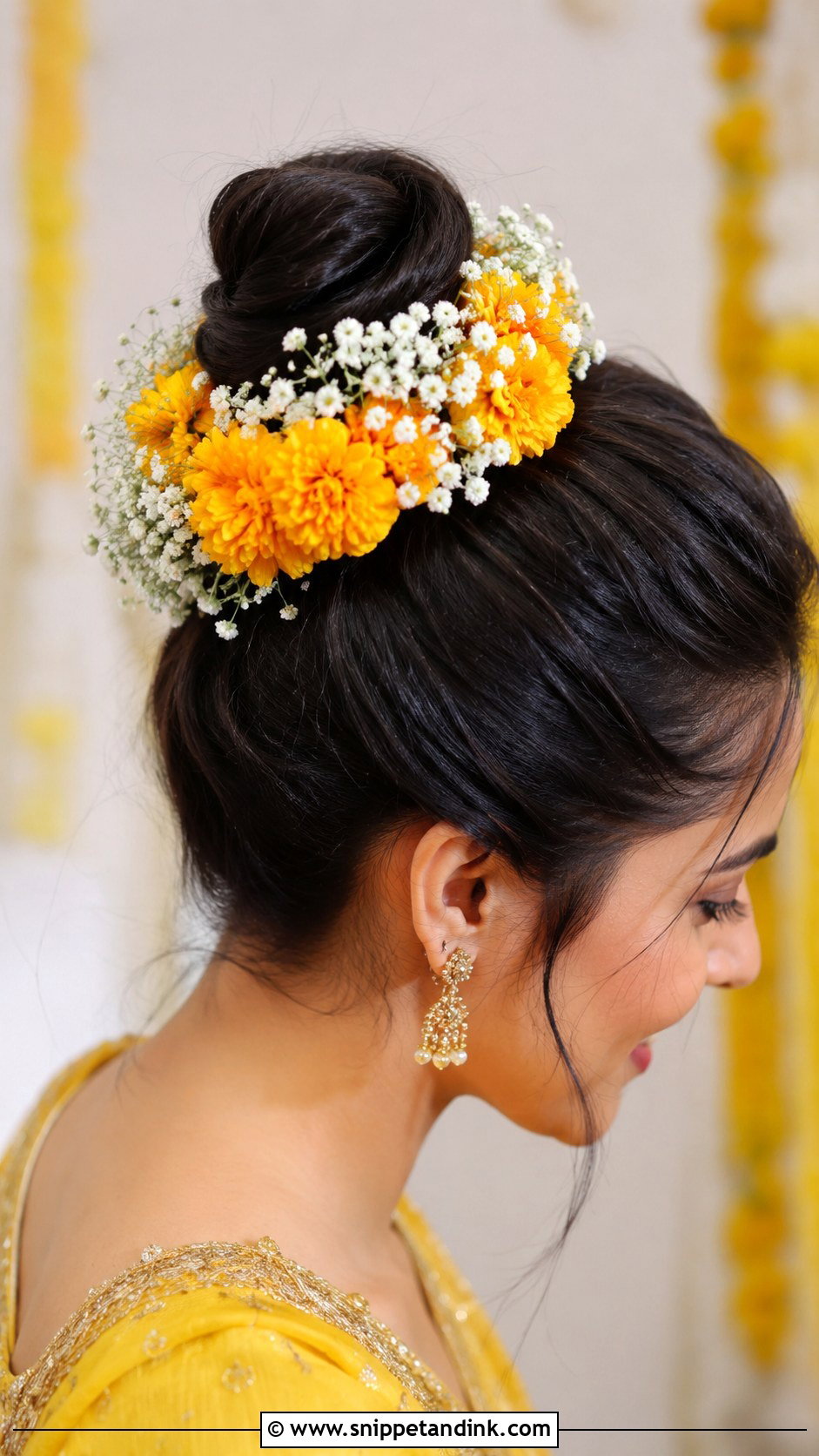 Flower Adorned Top Knot - Snippet and Ink - 25 Haldi Bride Hairstyle Ideas