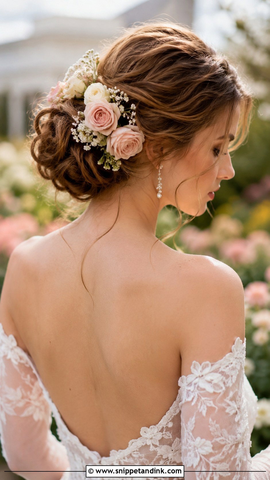 Flower Adorned Updo - Snippet and Ink - 25 Shoulder Length Bridal Hair Ideas