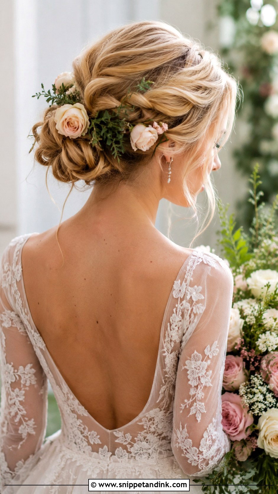 Flower Adorned Updo Wedding Hairstyle - Snippet and Ink - 25 Elegant Wedding Hairstyles for Long Hair