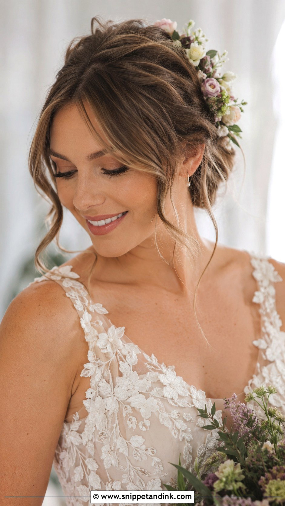 Flower Adorned Updo With Curtain Bangs - Snippet and Ink - 20 Hairstyles with Bangs for Wedding