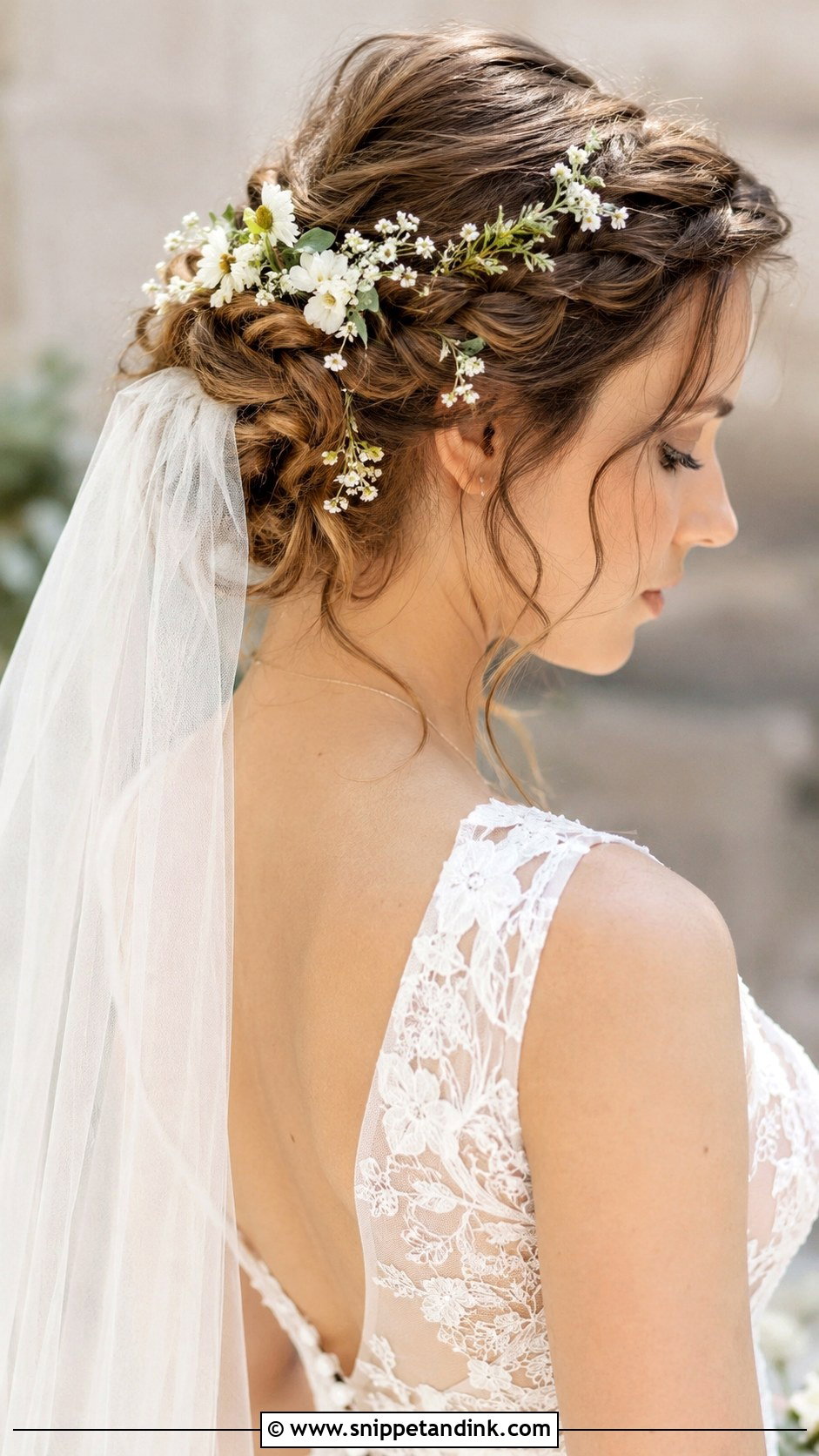 Flower Adorned Updo With Veil - Snippet and Ink - 20 Hairstyles with Veil
