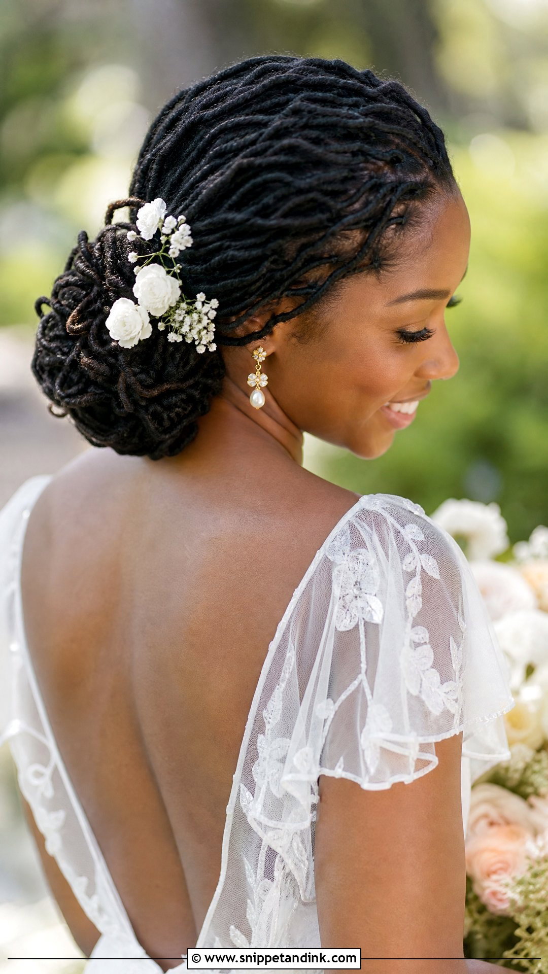 Flower Bridal Locs Low Bun - Snippet and Ink - 15 Bridal Locs Hairstyles Low Bun