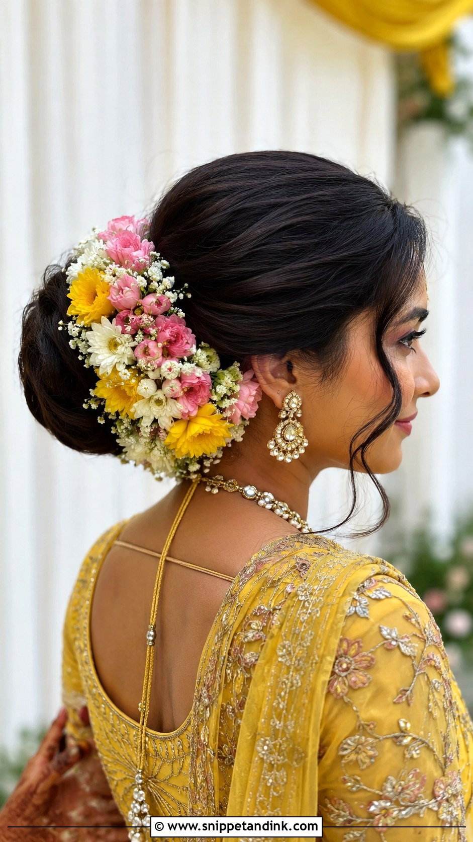 Flower Bun Hairstyle For Mehndi - Snippet and Ink - 20 Mehndi Event Hairstyles