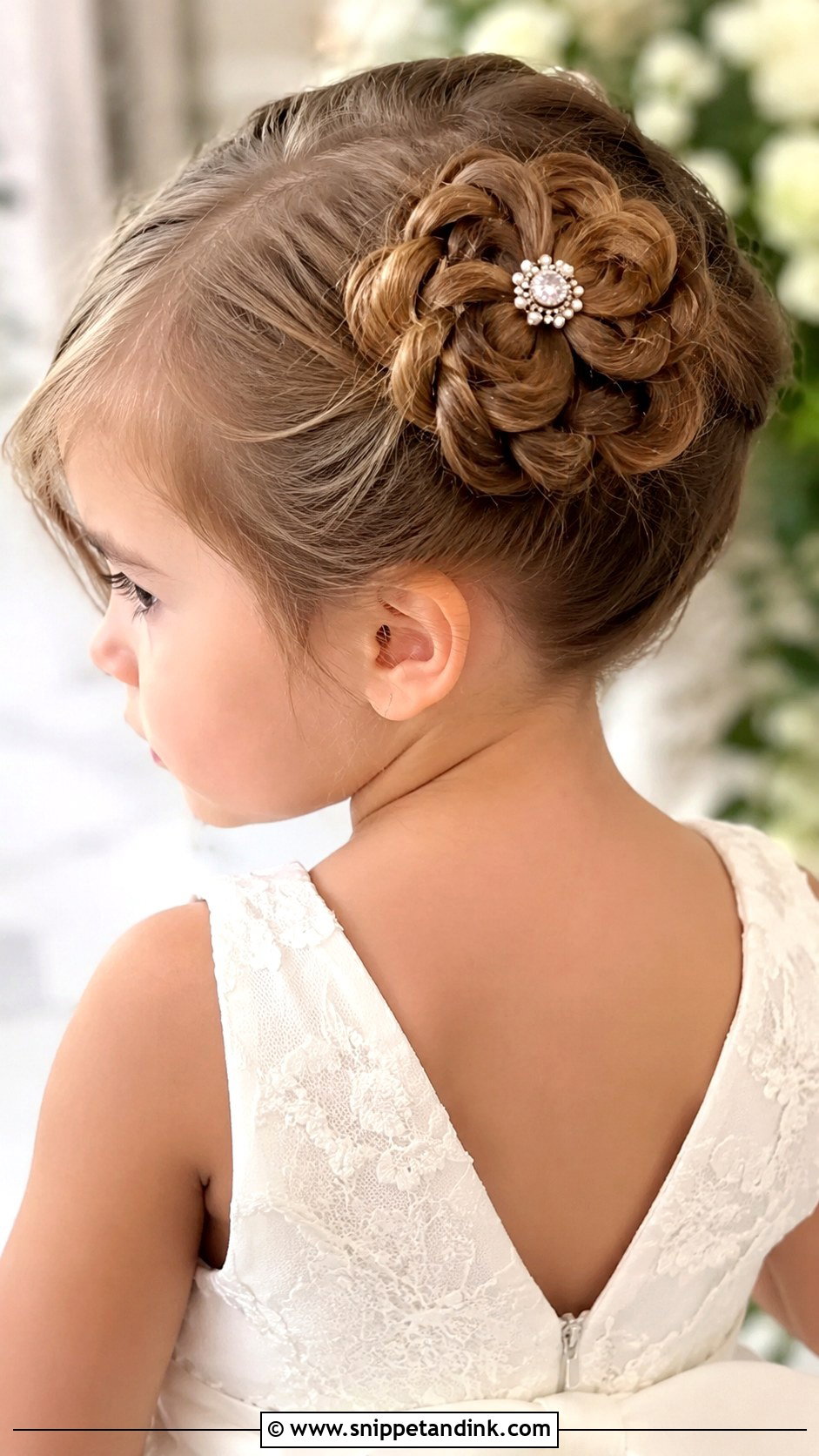 Flower Bun Updo - Snippet and Ink - 25 Toddler Wedding Hairstyles