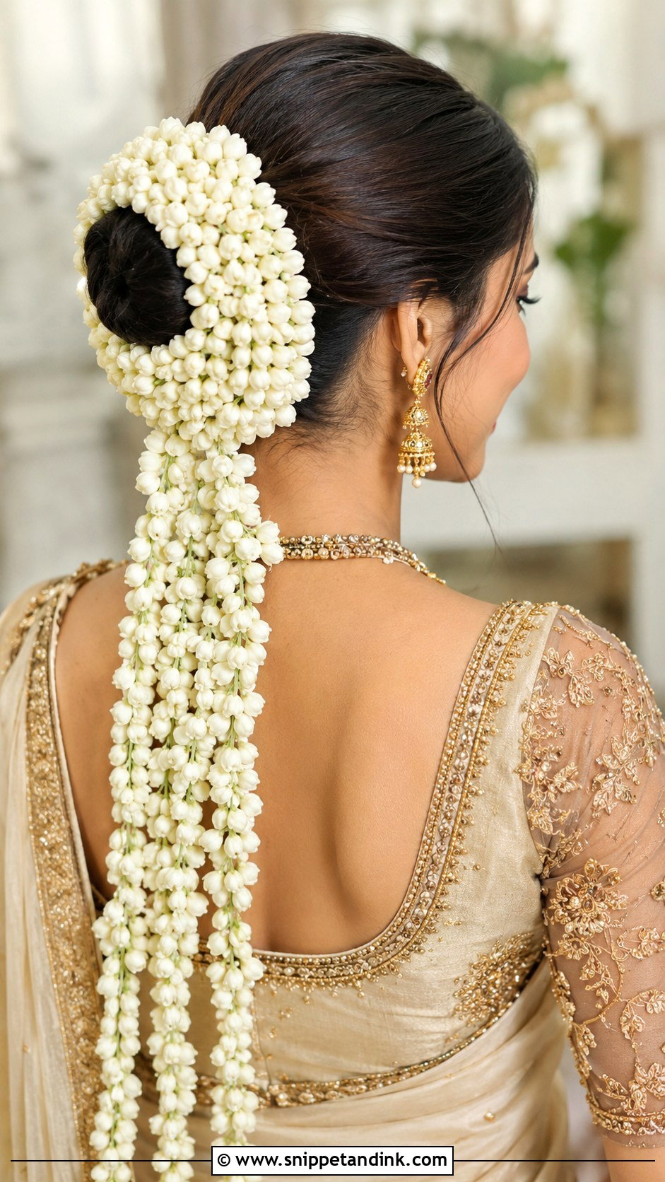 Flower Bun With Trailing Gajra - Snippet and Ink - 25 Bridal Juda Hairstyles with Flowers