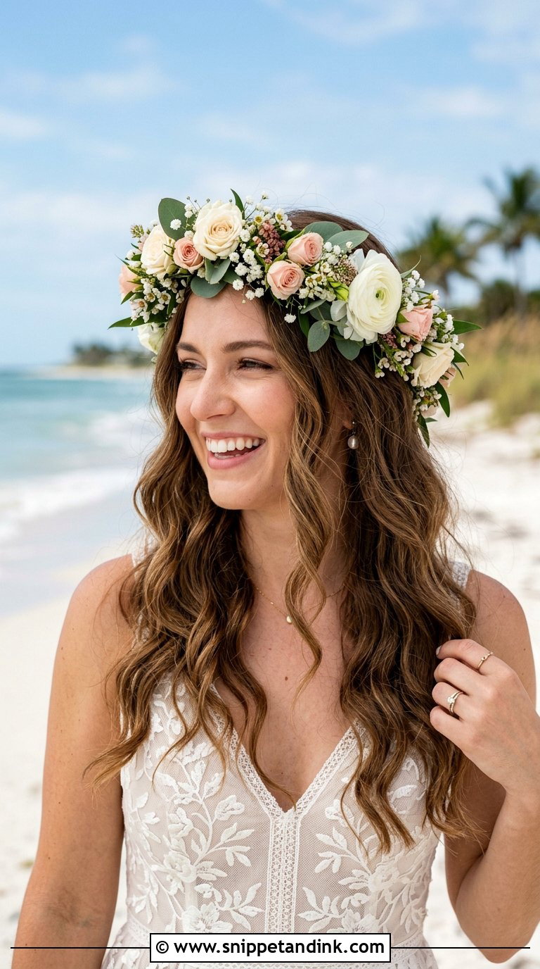Flower Crown Beach Bride Hairstyle - Snippet and Ink - 20 Beach Bride Hair Ideas
