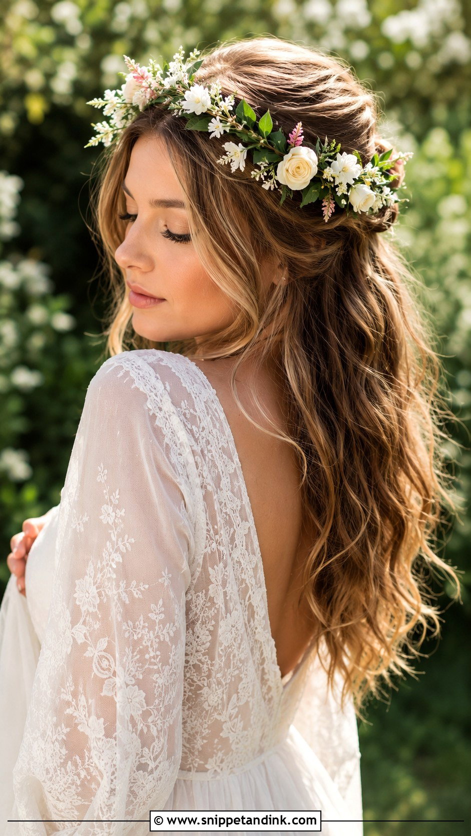 Flower Crown Half Up Hairstyle - Snippet and Ink - 25 Bridal Hair Inspo Ideas