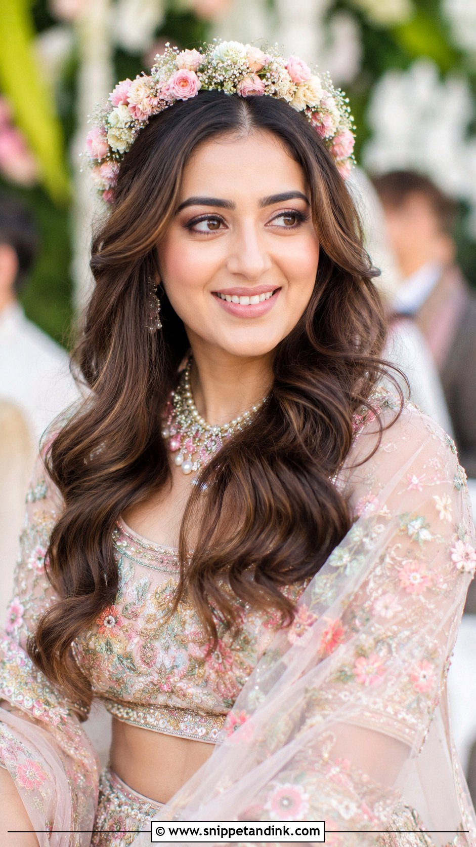 Flower Crown Open Hair Look - Snippet and Ink - 30 Indian Bridal Dulhan Hairstyles